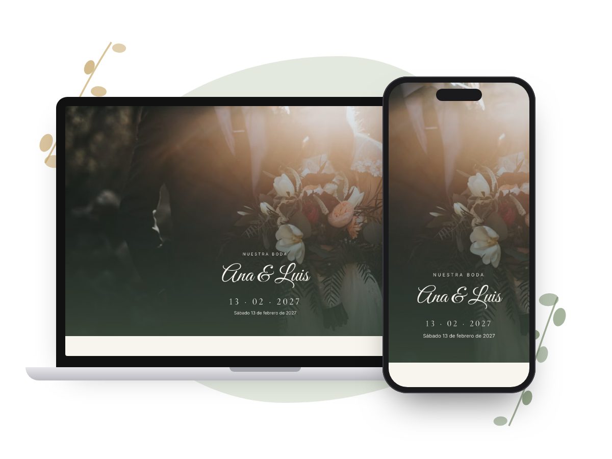 Invitación Jardín de Olivo en computadora y celular